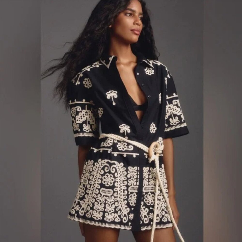 Maeve Anthropologie Black Short Sleeve Embroidered Collared Mini Shirt Dress - Picture 4 of 10